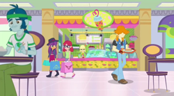 Size: 1280x704 | Tagged: safe, screencap, alizarin bubblegum, applejack, captain planet, ginger owlseye, valhallen, eqg summertime shorts, equestria girls, shake things up!, background human, canterlot mall, chair, table