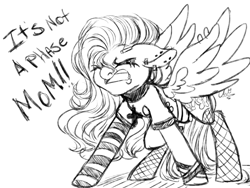 Size: 1280x960 | Tagged: safe, artist:taligintou, fluttershy, pegasus, pony, angry, black and white, clothes, dress, female, fluttergoth, grayscale, gritted teeth, it's a phase, it's not a phase, mare, monochrome, spread wings, teenager, wings