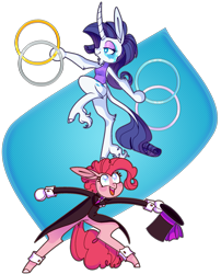 Size: 1979x2448 | Tagged: safe, artist:moeclere, pinkie pie, rarity, anthro, classical unicorn, earth pony, unguligrade anthro, unicorn, assistant, beard, circus, clothes, cloven hooves, cufflinks, cuffs (clothes), curved horn, facial hair, female, hat, leonine tail, leotard, lesbian, magician outfit, raripie, shipping, simple background, top hat, transparent background, unshorn fetlocks