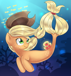 Size: 1560x1690 | Tagged: safe, artist:tcn1205, applejack, seapony (g4), my little pony: the movie, cowboy hat, female, hat, seaponified, seapony applejack, solo, species swap, underwater