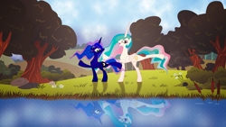 Size: 3840x2160 | Tagged: safe, artist:laszlvfx, artist:mrhavre, artist:stealthedge, princess celestia, princess luna, alicorn, pony, duo, ethereal mane, female, flower, happy, horn, missing accessory, raised hoof, raised leg, reflection, royal sisters, scenery, siblings, sisters, tree, water