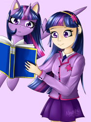 Size: 1032x1377 | Tagged: safe, artist:alezayku, derpibooru import, twilight sparkle, twilight sparkle (alicorn), alicorn, human, book, clothes, flying, human ponidox, humanized, school uniform