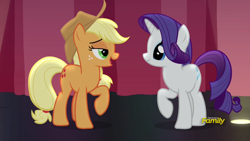 Size: 1920x1080 | Tagged: safe, screencap, applejack, rarity, earth pony, pony, unicorn, fame and misfortune, flawless