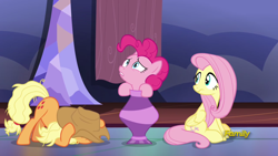 Size: 1920x1080 | Tagged: safe, screencap, applejack, fluttershy, pinkie pie, earth pony, pegasus, pony, fame and misfortune, face down ass up, messy mane, messy tail, pinkie being pinkie, twilight's castle, vase