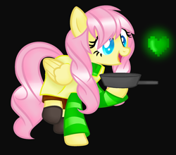 Size: 1836x1616 | Tagged: safe, artist:artzy-jamie7302, fluttershy, pegasus, pony, alternate hairstyle, black background, clothes, crossover, female, heart, mare, pan, simple background, solo, undertale