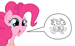 Size: 2598x1592 | Tagged: safe, artist:aaronmk, pinkie pie, earth pony, pony, aristophanes, female, mare, pictogram, simple background, solo, speech bubble, white background