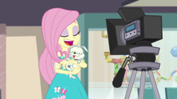 Size: 1280x720 | Tagged: safe, screencap, fluttershy, dog, better together, equestria girls, outtakes (episode), camera, pup-pup