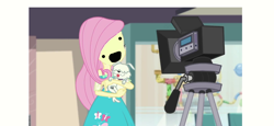 Size: 1006x464 | Tagged: safe, edit, edited screencap, screencap, fluttershy, dog, better together, equestria girls, outtakes (episode), 1000 hours in ms paint, :d, camera, derp, downvote bait, masterpiece, nightmare fuel, pup-pup, what has science done