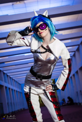 Size: 3127x4690 | Tagged: safe, artist:pyrotempertantrum, dj pon-3, vinyl scratch, human, cleavage, clothes, cosplay, female, irl, irl human, photo