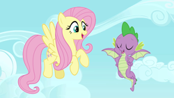 Size: 1280x720 | Tagged: safe, edit, edited screencap, screencap, fluttershy, spike, dragon, pegasus, pony, molt down, duo, female, flying, male, mare, winged spike
