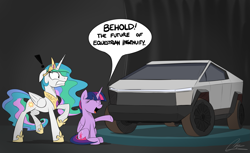 Size: 3803x2326 | Tagged: safe, artist:oinktweetstudios, princess celestia, twilight sparkle, twilight sparkle (alicorn), alicorn, pony, car, tesla, tesla cybertruck