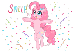 Size: 1600x1200 | Tagged: safe, artist:kaikururu, pinkie pie, earth pony, pony, armpits, confetti, cute, diapinkes, female, mare, open mouth, simple background, smiling, solo, transparent background
