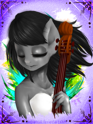 Size: 1200x1600 | Tagged: safe, artist:monochromacat, octavia melody, anthro, human, cello, cleavage, clothes, dress, eyes closed, female, humanized, musical instrument, signature, solo