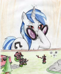 Size: 2428x2932 | Tagged: safe, artist:40kponyguy, derpibooru exclusive, dj pon-3, vinyl scratch, pony, unicorn, chaos dreadnought, chaos space marine, dice, dreadnought, emperor's children, figurine, gaming miniature, looking at you, lucius the eternal, miniature, noise marine, power sword, red eyes, slaanesh, solo, traditional art, vindicator, warhammer (game), warhammer 40k, whip