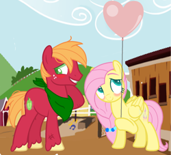 Size: 1024x928 | Tagged: safe, artist:firefox238, big macintosh, fluttershy, pegasus, pony, balloon, base used, blushing, female, fluttermac, heart shaped, male, shipping, straight