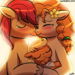 Size: 750x750 | Tagged: safe, artist:lumineko, applejack, bright mac, pear butter, earth pony, pony, the perfect pear, applejack's parents, baby, baby pony, babyjack, blushing, brightbutter, crying, cute, eyes closed, family, female, filly, flower, flower in hair, foal, jackabetes, male, mare, pearabetes, shipping, signature, simple background, smiling, stallion, straight, tears of joy, trio