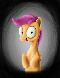 Size: 863x1105 | Tagged: safe, artist:melancholy, scootaloo, pegasus, pony, abstract background, crazy face, creepy, faic, female, filly, solo