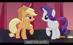 Size: 1920x1200 | Tagged: safe, screencap, applejack, rarity, earth pony, pony, unicorn, fame and misfortune, discovery family logo, flawless, meme, youtube caption