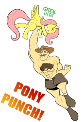 Size: 1000x1462 | Tagged: safe, artist:zp92, fluttershy, human, pegasus, pony, 2012, abuse, abusive human, anti-brony, critical hit, crossover, cuckolding in the description, downvote bait, female, flutterbuse, hater, male, oof, op is a cuck, op is trying to start shit, punch, saxton hale, simple background, team fortress 2, transparent background