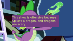 Size: 500x281 | Tagged: safe, edit, edited screencap, screencap, spike, dragon, friendship is magic, book, dragon mail, fire, green fire, letter, meta, offensive ponies, scroll, text, twilight's canterlot home