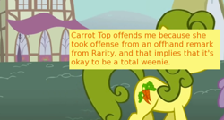 Size: 500x268 | Tagged: safe, screencap, carrot top, golden harvest, earth pony, pony, boast busters, background pony, female, green hair, hypocritical humor, irony, mare, meta, offensive ponies, solo focus, text