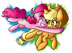 Size: 2132x1572 | Tagged: safe, artist:nekro-led, applejack, pinkie pie, earth pony, pony, fame and misfortune, abstract background, applepie, female, glomp, hug, lesbian, shipping, tackle