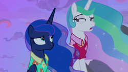 Size: 1920x1080 | Tagged: safe, screencap, princess celestia, princess luna, alicorn, pony, between dark and dawn, clothes, concerned, duo, ethereal mane, female, flowing mane, folded wings, hawaiian shirt, looking at each other, mare, narrowed eyes, open mouth, raised eyebrow, royal sisters, shirt, siblings, sisters, sitting, vacation, wings