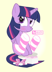 Size: 720x1000 | Tagged: safe, artist:dm29, derpibooru import, twilight sparkle, twilight sparkle (alicorn), alicorn, pony, blushing, clothes, cute, julian yeo is trying to murder us, present, socks, solo, striped socks, twiabetes