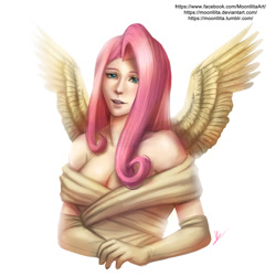 Size: 900x900 | Tagged: safe, artist:moonllita, fluttershy, human, clothes, female, humanized, looking at you, simple background, solo, white background, winged humanization, wings