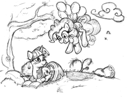 Size: 2768x2119 | Tagged: safe, artist:leadhooves, derpibooru import, pinkie pie, twilight sparkle, earth pony, pony, balloon, book, monochrome, reading, then watch her balloons lift her up to the sky