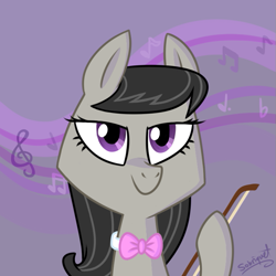 Size: 725x725 | Tagged: safe, artist:flourret, octavia melody, earth pony, pony, bow (instrument), bust, female, hoof hold, lidded eyes, looking at you, mare, music notes, portrait, signature, smiling, solo