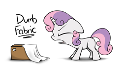 Size: 2200x1200 | Tagged: safe, artist:flamethegamer, sweetie belle, box, cardboard box, dumb fabric, eyes closed, floppy ears, frown, open mouth, simple background, solo, white background, yelling