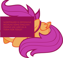 Size: 985x902 | Tagged: safe, scootaloo, pegasus, pony, female, meta, offensive ponies, solo, text