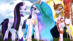 Size: 3840x2160 | Tagged: safe, artist:loveslove, daybreaker, princess celestia, alicorn, pony, a royal problem, between dark and dawn, 3d, alternate hairstyle, armor, cloud, cloudy, collar, crown, female, jewelry, mare, multeity, one hoof raised, punklestia, regalia, sky, source filmmaker, spiked collar, sun, triality