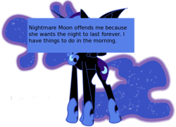 Size: 500x359 | Tagged: safe, nightmare moon, alicorn, pony, female, horn, mare, meta, offensive ponies, solo, text