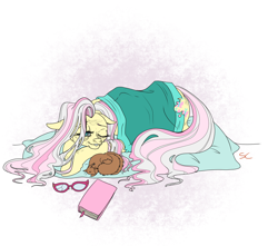 Size: 2000x1766 | Tagged: safe, artist:sourcherry, fluttershy, pegasus, pony, fallout equestria, blanket, cutie mark, fanfic, fanfic art, female, floppy ears, glasses, gray mane, hooves, lying down, mare, ministry mares, nap, older, pillow, rad squirrel, solo, wrinkles