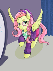 Size: 600x800 | Tagged: safe, artist:sajuaira, fluttershy, pegasus, pony, fake it 'til you make it, alternate hairstyle, clothes, female, glasses, hat, hipstershy, mare, mirror, solo