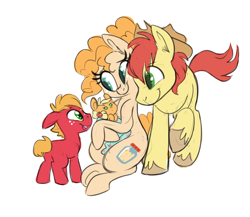 Size: 1500x1300 | Tagged: safe, artist:ponygoggles, applejack, big macintosh, bright mac, pear butter, earth pony, pony, the perfect pear, baby, baby pony, babyjack, brightbutter, colt, cowboy hat, cute, eye contact, family, female, filly, filly applejack, foal, hat, jackabetes, looking at each other, macabetes, male, mare, shipping, simple background, sitting, smiling, stallion, stetson, straight, unshorn fetlocks, white background, younger