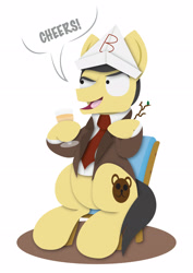 Size: 2480x3508 | Tagged: safe, artist:bobthedalek, pony, chair, clothes, crossover, hat, jacket, mr bean, necktie, paper hat, ponified, simple background, solo, vector, white background