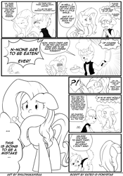 Size: 4961x7100 | Tagged: safe, artist:shujiwakahisaa, angel bunny, fluttershy, oc, oc:rexius, diamond dog, pegasus, pony, rabbit, comic:master shy, absurd resolution, all fours, chef's hat, cleaver, clothes, comic, exclamation point, hat, interrobang, lineart, master, meat cleaver, monochrome, question mark, raised hoof, right to left, thinking