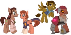 Size: 1024x509 | Tagged: safe, artist:qemma, cyborg, amputee, captain amelia, delbert doppler, double amputee, jim hawkins, john silver, morph, pirate, ponified, prosthetic eye, prosthetic limb, prosthetics, simple background, treasure planet, white background