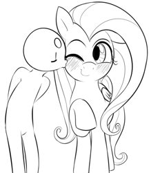 Size: 669x763 | Tagged: safe, artist:dotkwa, fluttershy, human, pegasus, pony, blushing, cute, female, horse sized pony, kiss on the cheek, kissing, mare, monochrome, one eye closed, smiling, solo