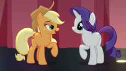 Size: 1920x1080 | Tagged: safe, screencap, applejack, rarity, earth pony, pony, unicorn, fame and misfortune, curtain, female, flawless, lidded eyes, looking at each other, mare, open mouth, raised hoof, shipping fuel, smiling, standing