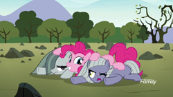 Size: 1920x1080 | Tagged: safe, screencap, limestone pie, marble pie, pinkie pie, earth pony, pony, the maud couple, discovery family logo, eye contact, female, frown, glare, glomp, looking at each other, one eye closed, open mouth, pie sisters, prone, sad, siblings, sisters, squee, trio, wink