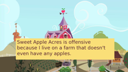 Size: 500x281 | Tagged: safe, screencap, meta, offensive ponies, sweet apple acres, text