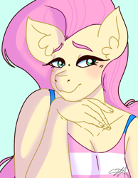 Size: 690x890 | Tagged: safe, artist:lxxjunebugxxl, fluttershy, anthro, blue background, clothes, shirt, simple background, solo