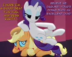 Size: 976x768 | Tagged: safe, edit, edited screencap, screencap, applejack, rarity, earth pony, pony, unicorn, fame and misfortune, appleseat, cropped, darling, dialogue, duo, female, femdom, flawless, forniphilia, living object, mind control, mistress, raridom, swirly eyes