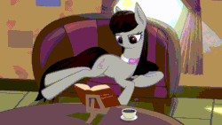 Size: 960x540 | Tagged: safe, artist:styroponyworks, octavia melody, earth pony, pony, animated, book, bowtie, chair, cup, female, food, gif, light rays, parallax scrolling, reading, solo, tea, window