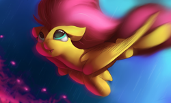 Size: 4500x2700 | Tagged: safe, artist:auroriia, fluttershy, pegasus, pony, female, flying, mare, rain, smiling, solo