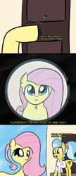 Size: 1294x3008 | Tagged: safe, artist:artiks, doctor fauna, fluttershy, pegasus, pony, fluttershy leans in, comic, door, duo, duo female, female, fisheye lens, mare, peep hole, scene interpretation